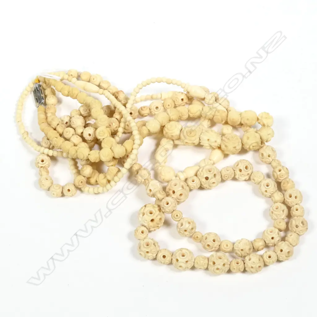 3 CHINESE FINELY CARVED BONE BEAD NECKLACES Image 1++