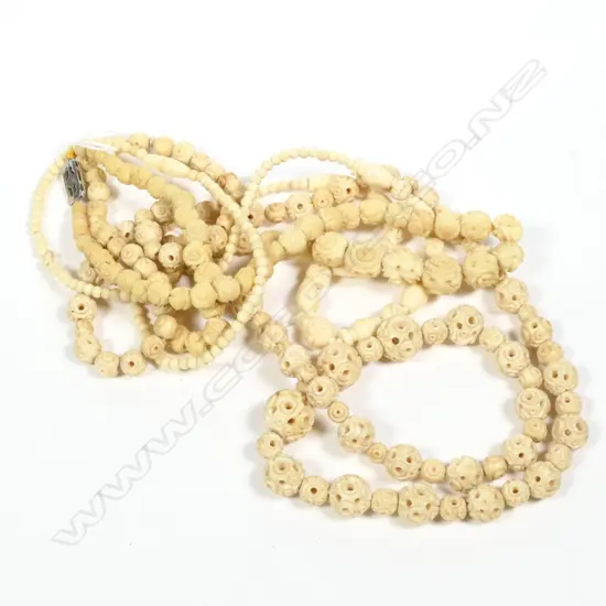 3 CHINESE FINELY CARVED BONE BEAD NECKLACES