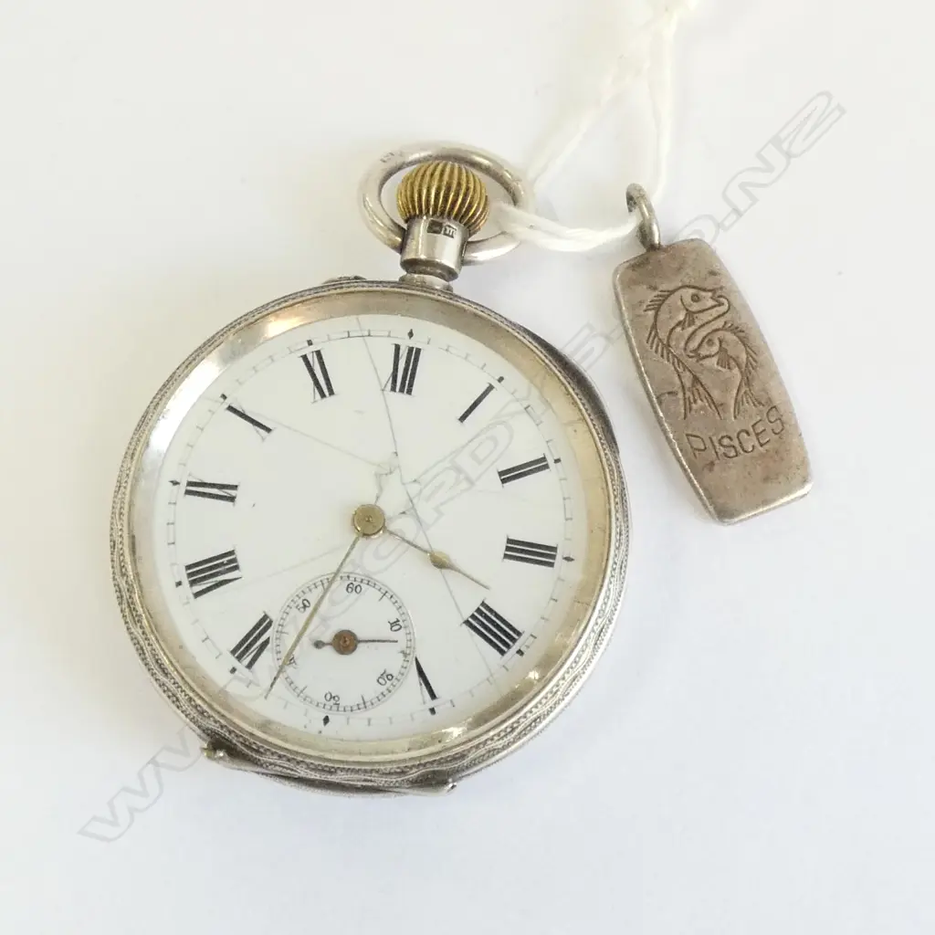 SILVER OPEN FACE POCKET WATCH + SILVER PISCES PENDANT Image 1++