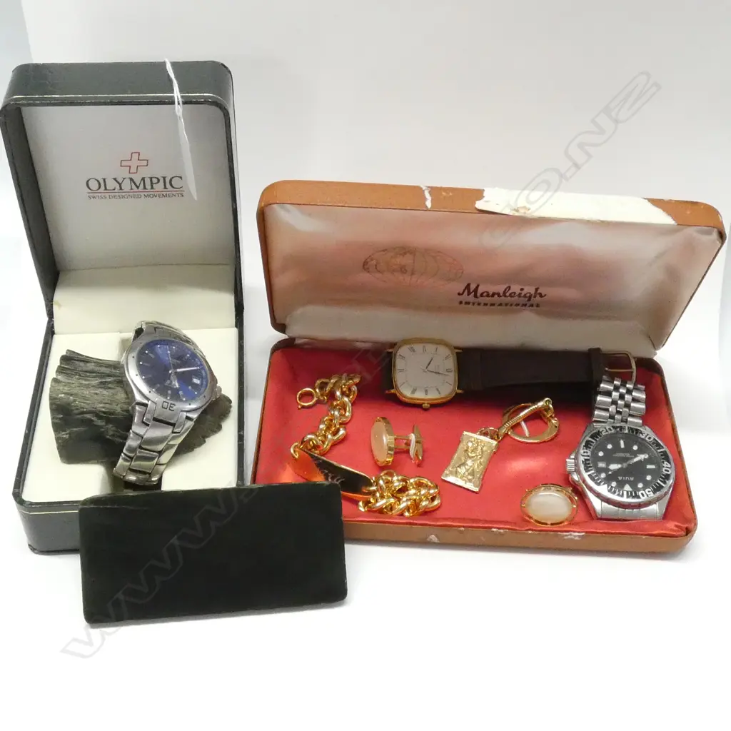 3 MENS WATCHES; SEIKO, OLYMPIC, 2 GREENSTONE PCES, ETC Image 1++