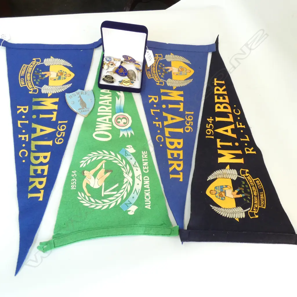 4 FELT FLAGS; 3 MT ALBERT RUGBY LEAGUE + A COLLECTION OF SPORT PINS Image 1++