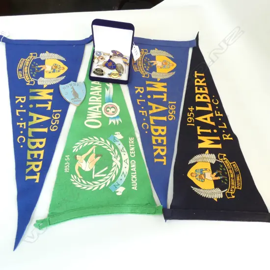 4 FELT FLAGS; 3 MT ALBERT RUGBY LEAGUE + A COLLECTION OF SPORT PINS