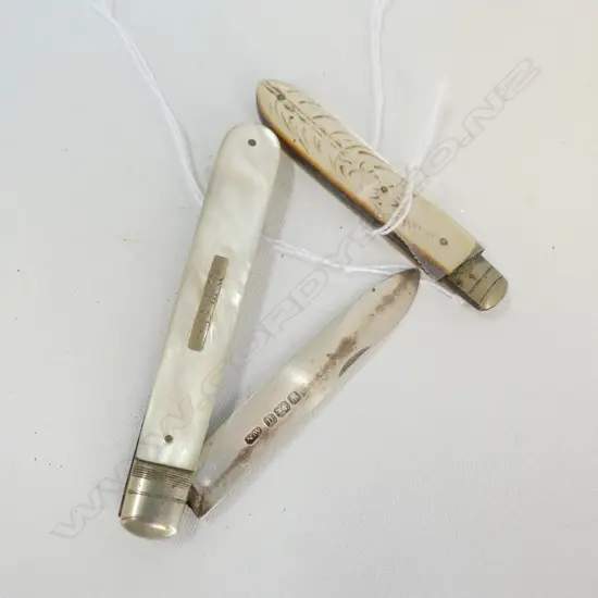 2 MOTHER O' PEARL & SILVER FOLDING POCKET KNIVES