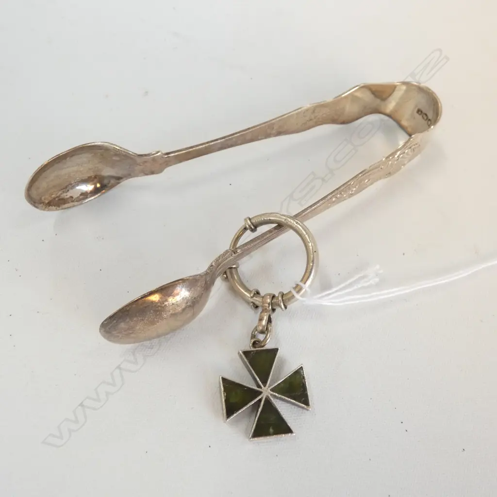 SILVER & AGATE MALTESE CROSS FOB ON RING KEEPER + PR SILVER SUGAR TONGS Image 1++