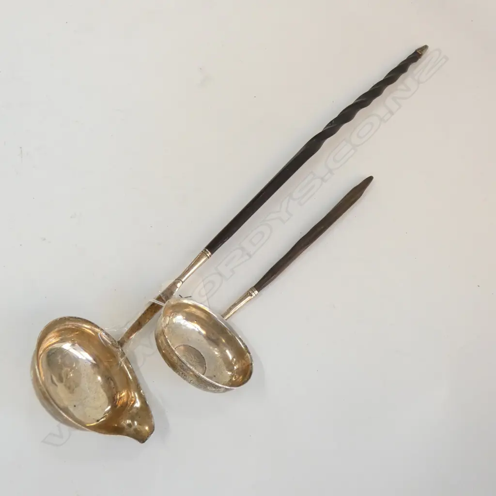 2 SILVER TODDY LADLES w BALEEN HANDLES (ONE HANDLE BROKEN) Image 1++