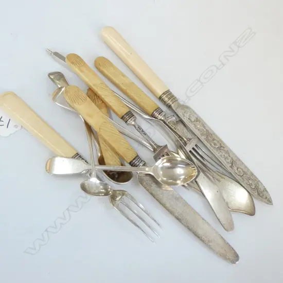 3+3 IVORY HANDLED SILVER KNIVES & FORKS( ONE BROKEN) + 4 SILVER UTENSILS