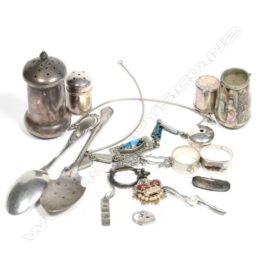 ASST MAINLY SILVER ITEMS JEWELLERY SPOONS ETC