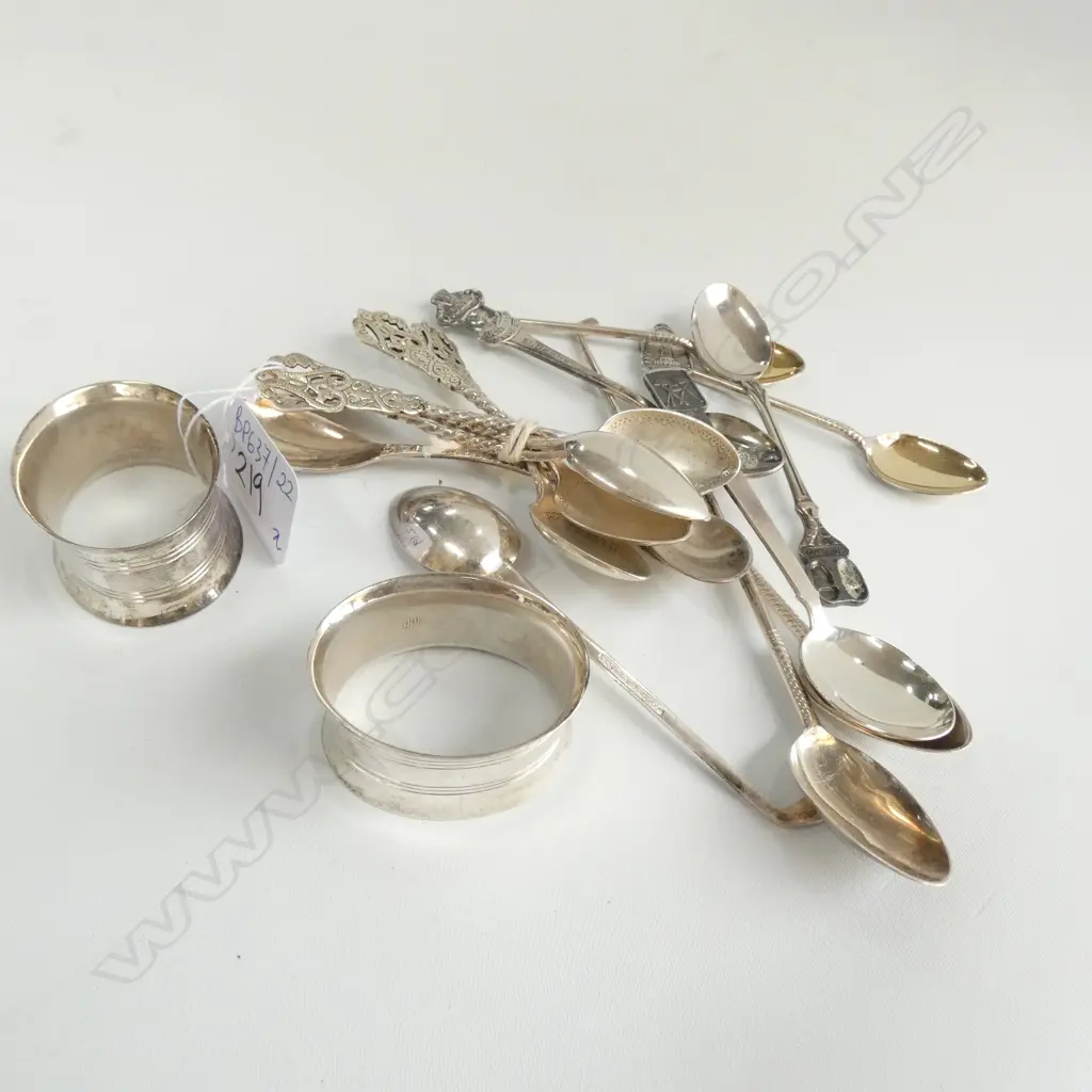 COLLECTION SILVER SPOONS + 2 STG NAPKIN RINGS 192 GRAMS TOTAL Image 1++