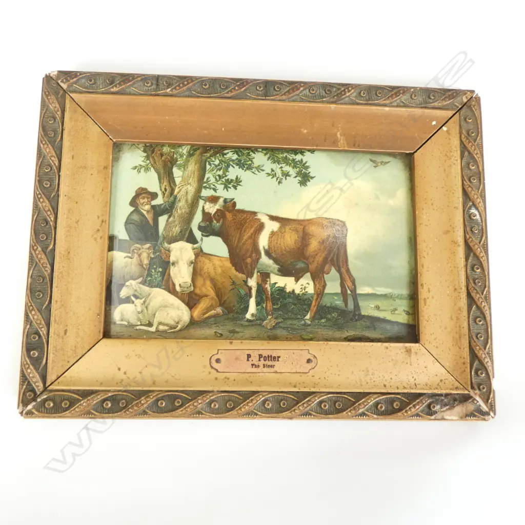 VICTORIAN LITHO ON COPPER? GILT FRAME 'THE STEER' Image 1++