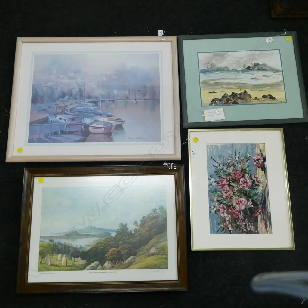 4 ARTWORKS; EVIE ANDERSON W/C, FRAMED EMBROIDERY, 2 LANDSCAPE PRINTS 755 X 610MM Image 1++