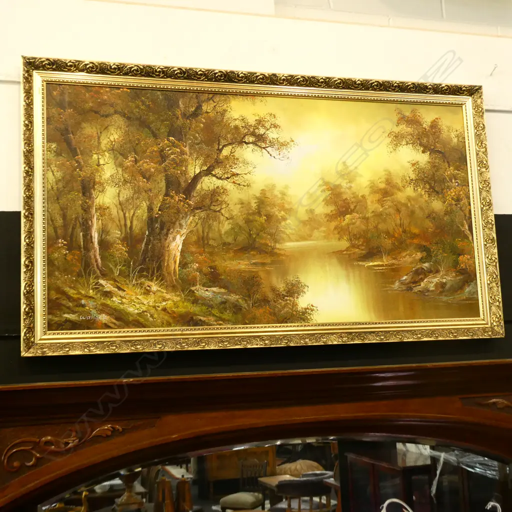 LARGE GILT FRAMED OIL PAINTING  - RIVER SCENE, SIGNED WALLACE Image 1++