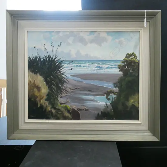 EDWARD B. (TED) LATTEY (1899-1986) OIL ON BOARD, 'WAI-ITI BEACH', SIGNED. 390 x 495mm (IMAGE)