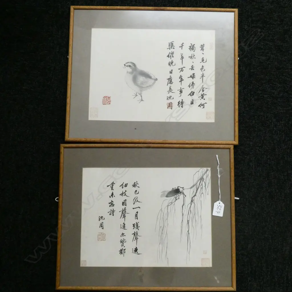 2 OLD FRAMED CHINESE PICTURES. CICADA & CHICK Image 1++