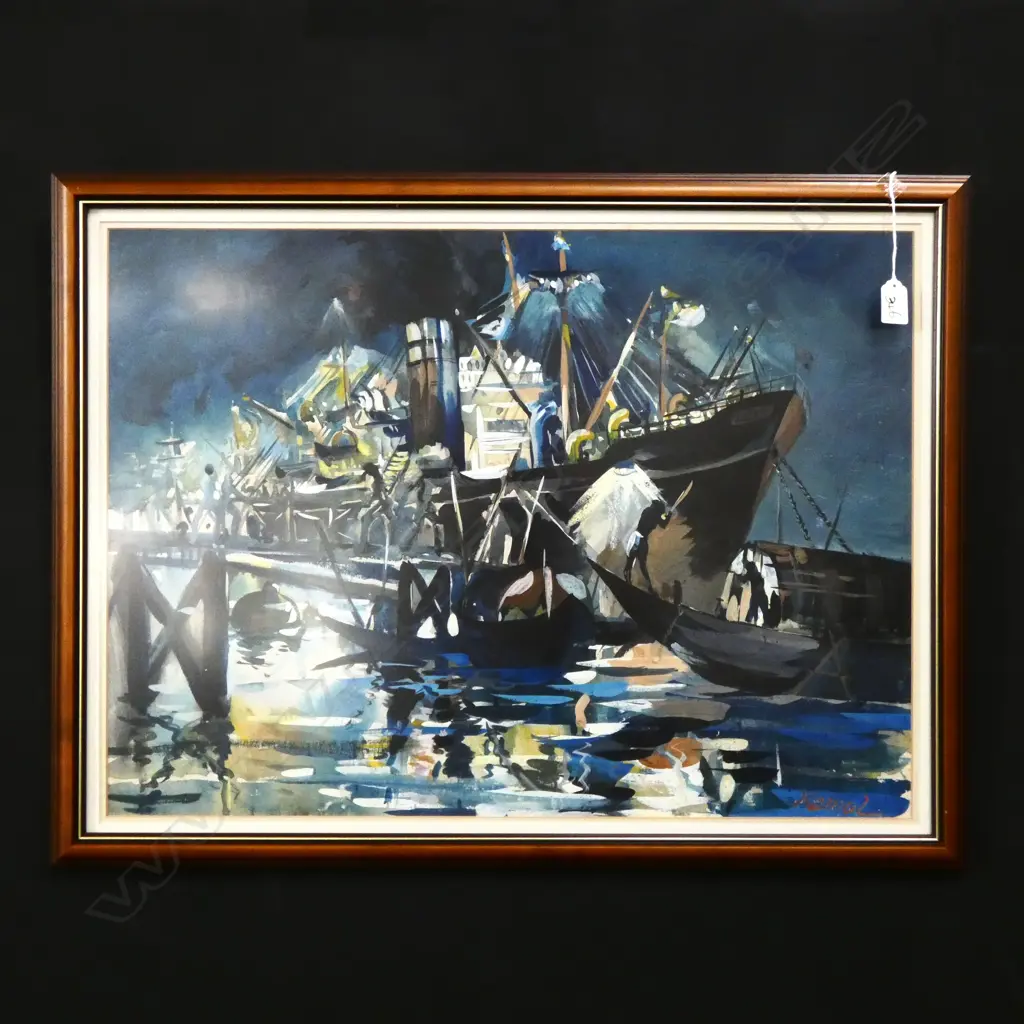 KAMAL ? SIGNED GOUACHE PAINTING UNLOADING SHIP AT NIGHT Image 1++