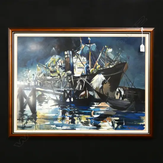 KAMAL ? SIGNED GOUACHE PAINTING UNLOADING SHIP AT NIGHT