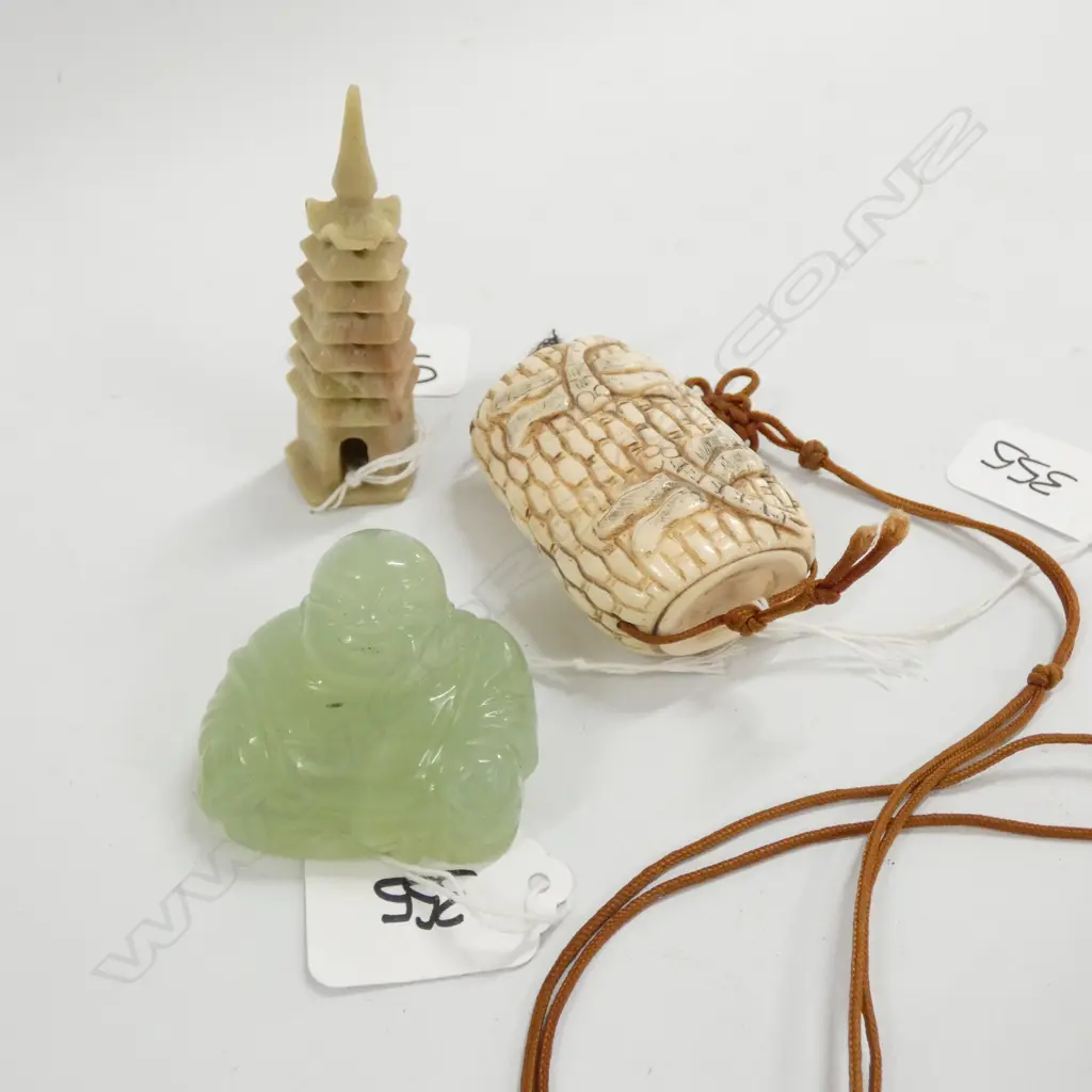 3 CHINESE PCES; JADE BUDDHA, BONE CONTAINER, SOAPSTONE TEMPLE Image 1++