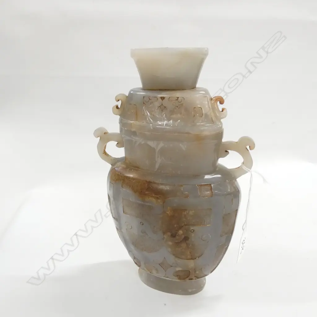 CHINESE PALE & GREY JADE LIDDED URN CARVED. H.250mm Image 1++