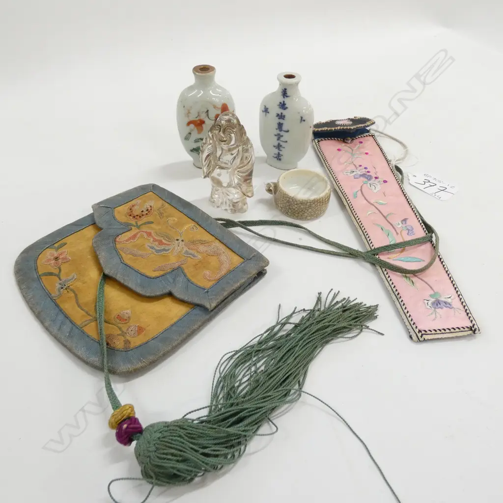 6 ITEMS; 2 EMBROIDERY BAGS, MINIATURE CRACKLE BIRDFEEDER, 2 SNUFF BOTTLES MISSING LIDS, ROCK CRYSTAL BUDDHA Image 1++