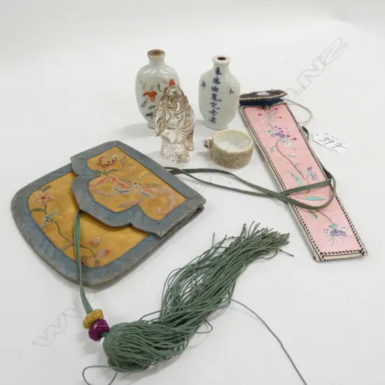 6 ITEMS; 2 EMBROIDERY BAGS, MINIATURE CRACKLE BIRDFEEDER, 2 SNUFF BOTTLES MISSING LIDS, ROCK CRYSTAL BUDDHA
