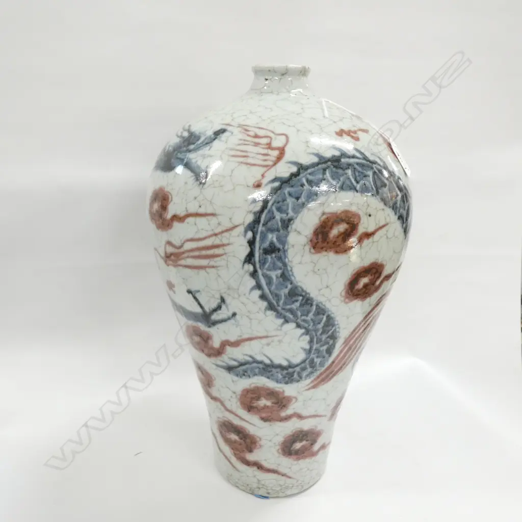LGE CHINESE POTTERY VASE BLUE DRAGON RED CLOUDS H.440mm Image 1++