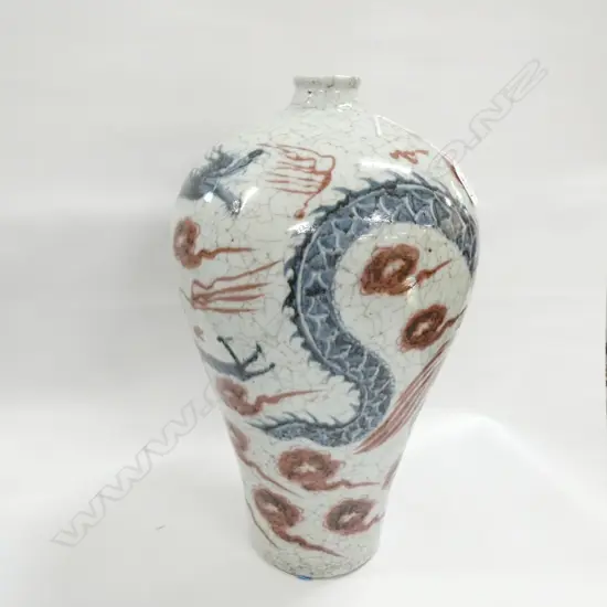 LGE CHINESE POTTERY VASE BLUE DRAGON RED CLOUDS H.440mm