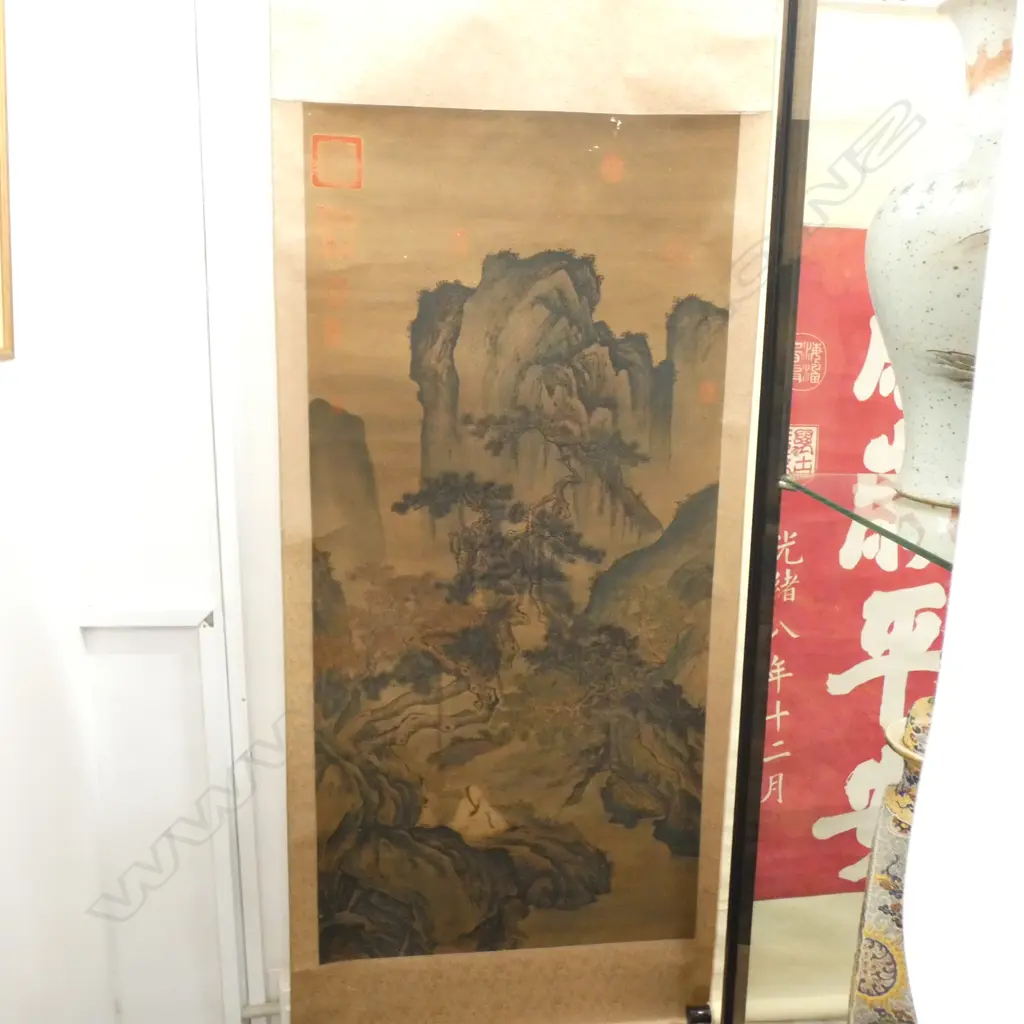 WATERCOLOUR BUDDHA LANDSCAPE SCROLL 1800 X 710MM Image 1++