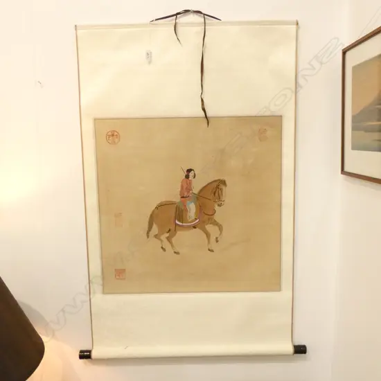 CHINESE WOMAN ON HORSE WATERCOLOUR SCROLL 1100 X 690MM