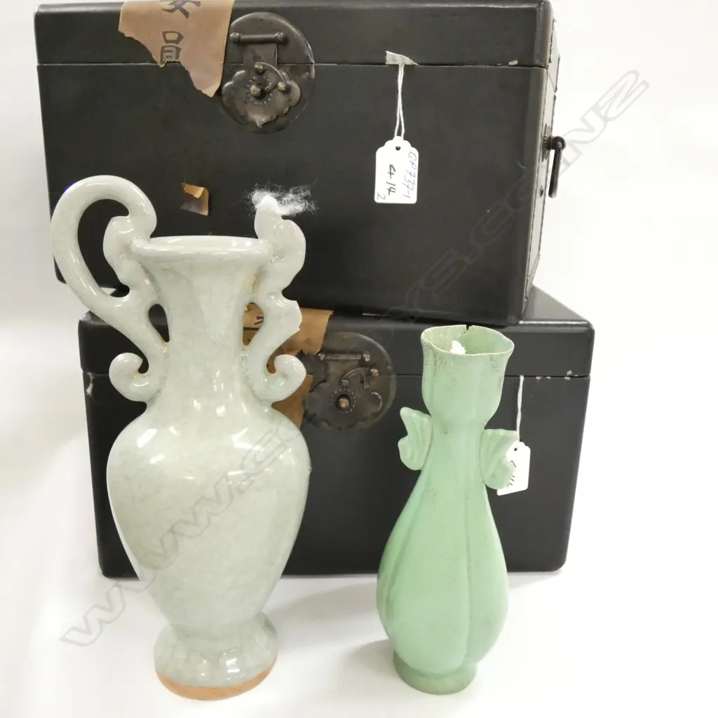 2 CHINESE CELADON VASES A.F IN TRUNKS Image 1++