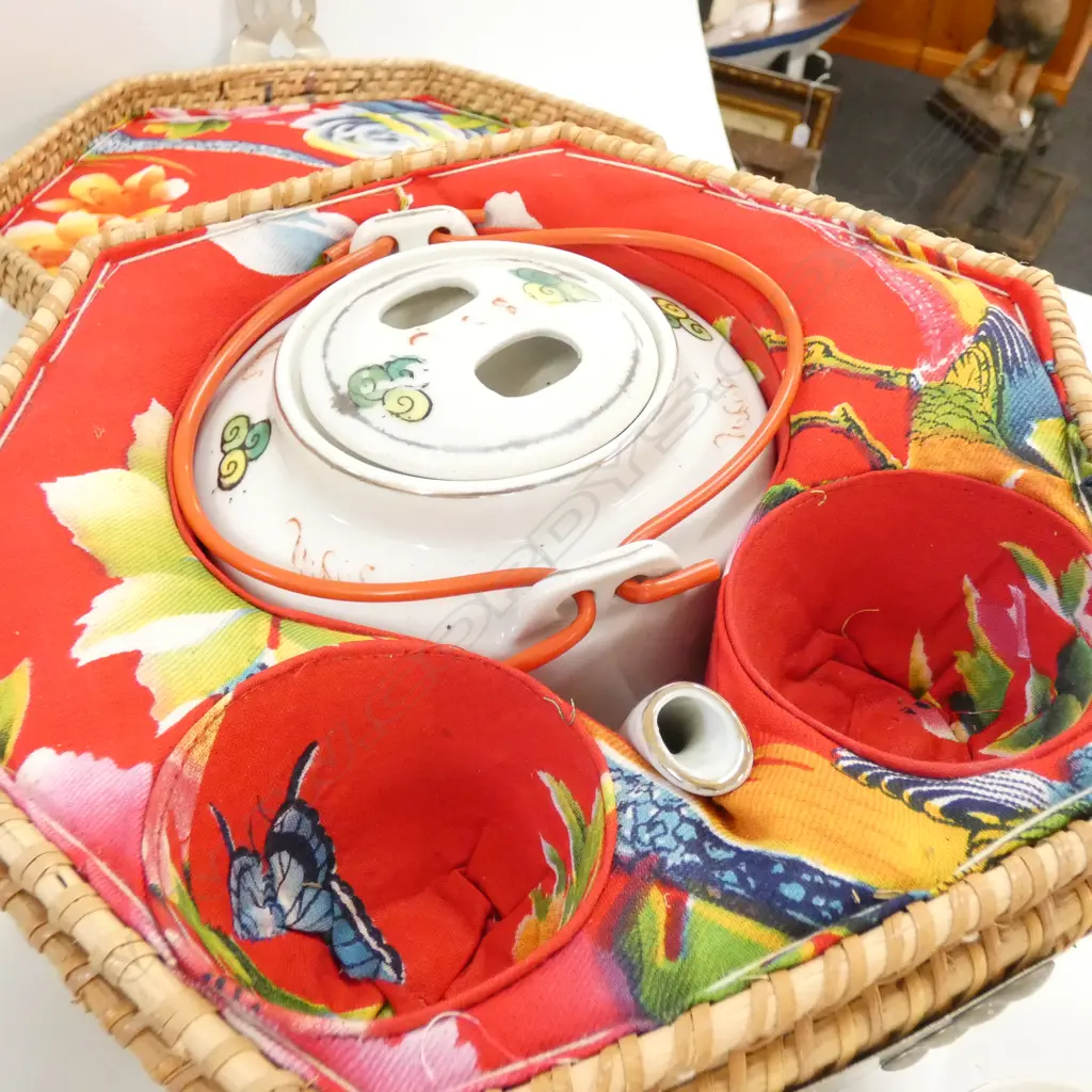 CANE CASED CHINESE TEAPOT AND CUPS Image 1++