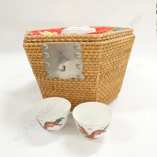 CANE CASED CHINESE TEAPOT AND CUPS