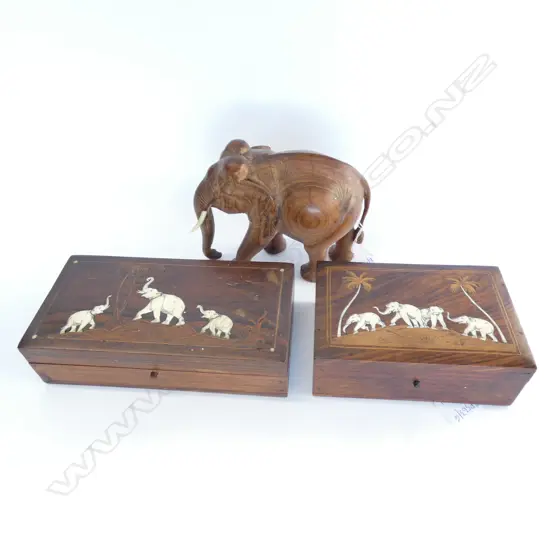 2 ELEPANT INLAY BOXES L. 155MM + CARVED ELEPHANT