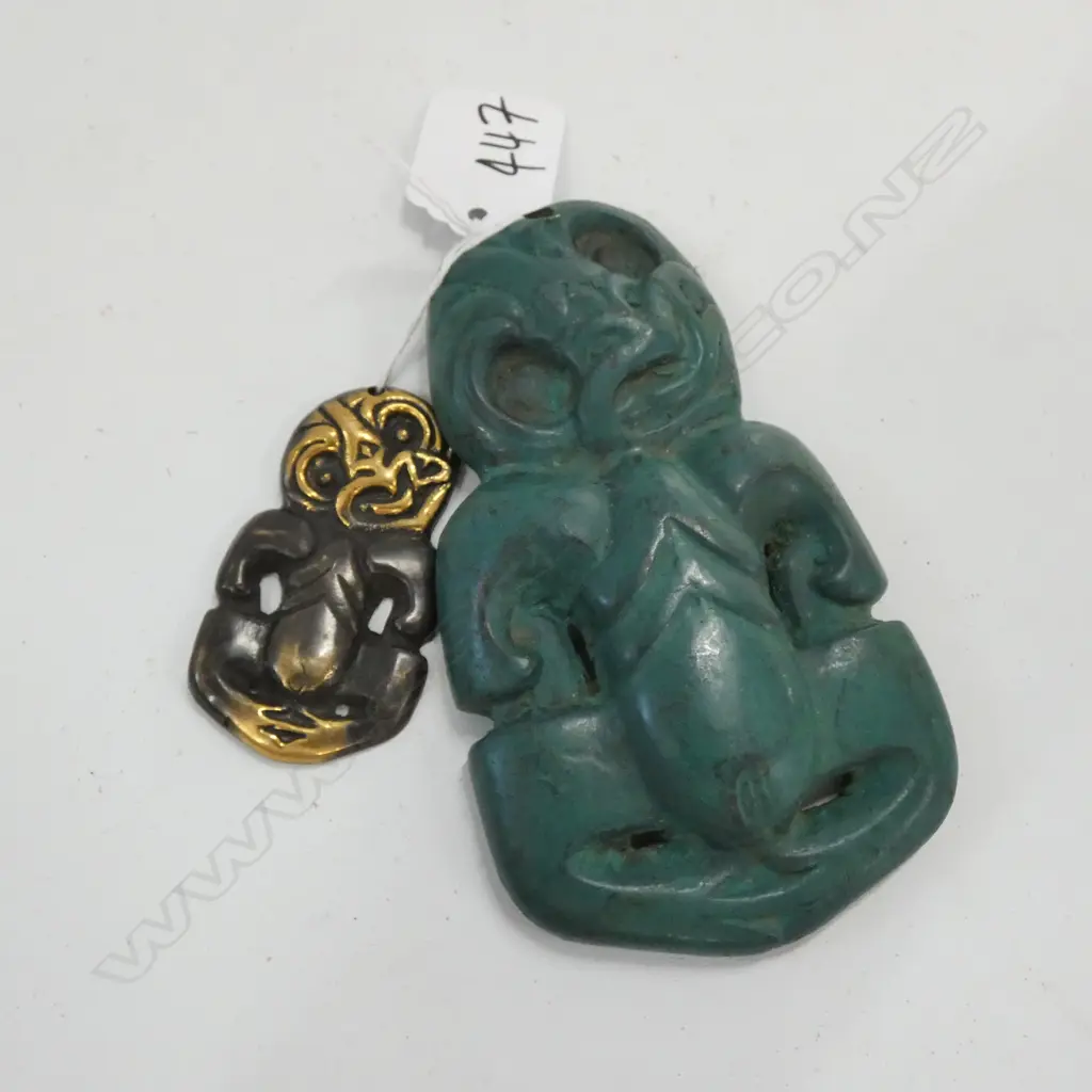 2 TIKI PENDANTS, ONE GREEN PAINTED STONE & ONE BRONZE Image 1++