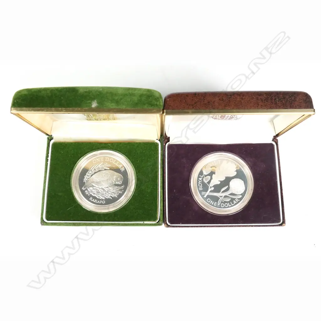 TWO NZ DOLLAR PROOF COINS 1981 AND 1986 (BOXED) Image 1++