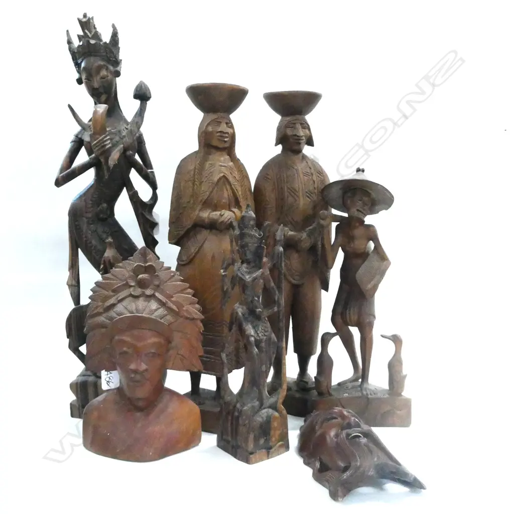 5 ASST CARVINGS ASIAN ETC +MASK AND BUST H 540 MM Image 1++