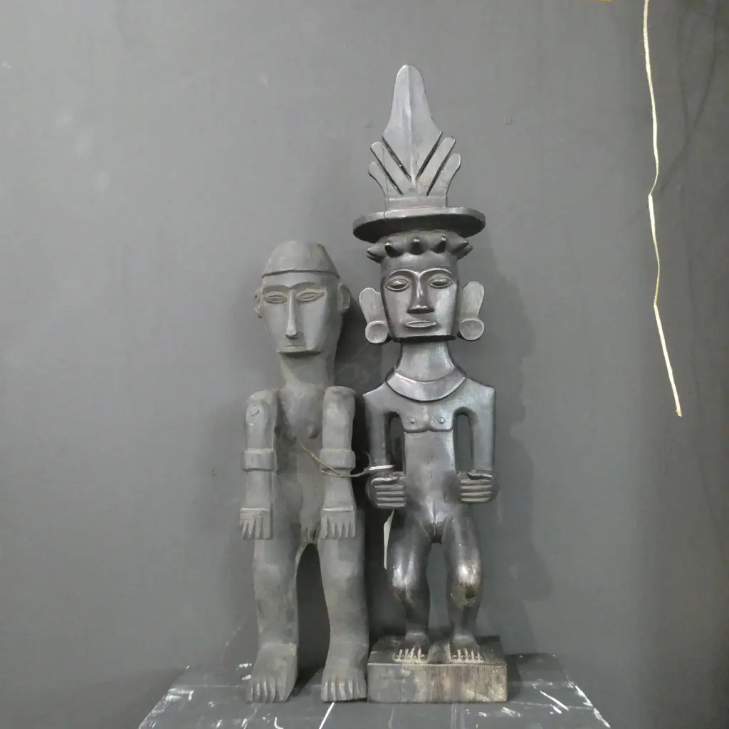 TWO CARVED WOODEN FIGURES NIAS SUMATRA.375MM AND AFRICA ? (AF) 280MM Image 1++