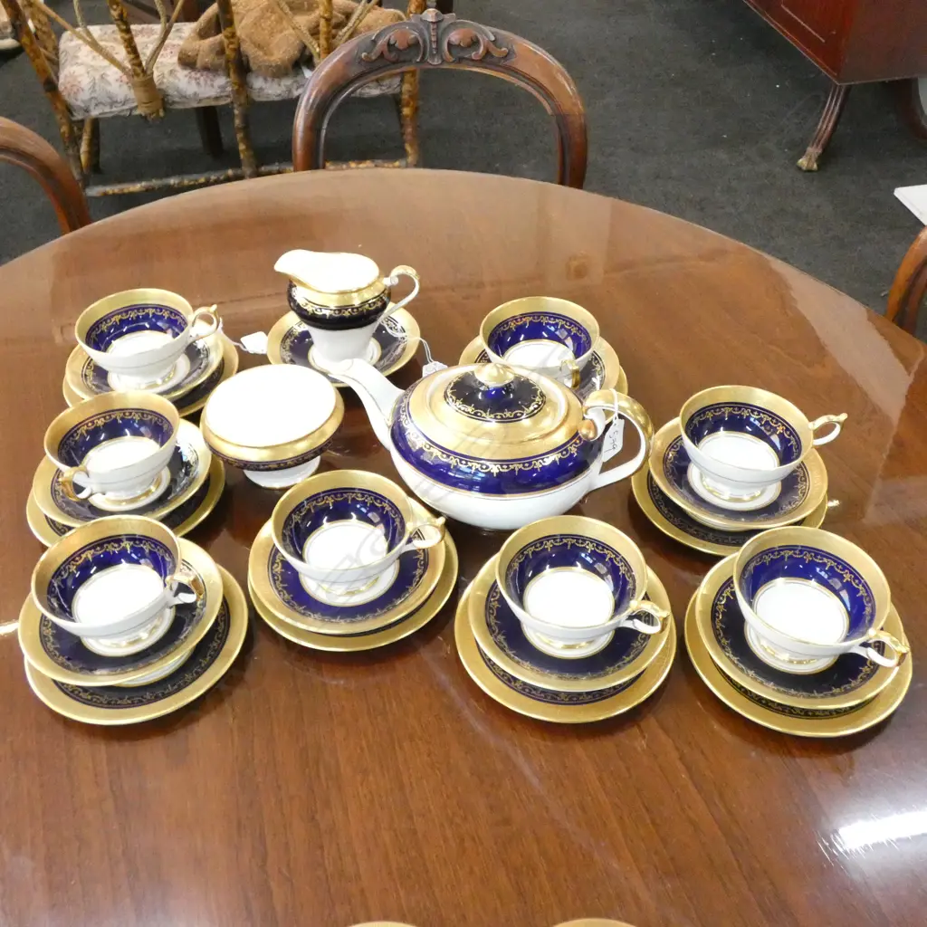 27 PCE AYNSLEY GEORGIAN COLBALT TEA SERVICE; 8 TRIOS, MILK, SUGAR, TEAPOT Image 1++