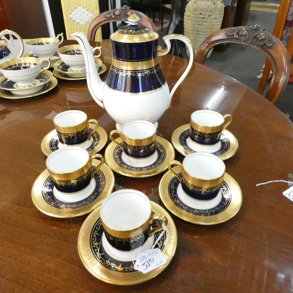 AYNSLEY GEORGIAN COLBALT COFFEE SET; 6 DEMIS & COFFEEPOT Image 1++