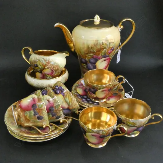 SIGNED AYNSLEY ORCHARD GOLD COFFEEPOT, MILK, SUGAR & BOWL + 6 CUPS & SAUCERS