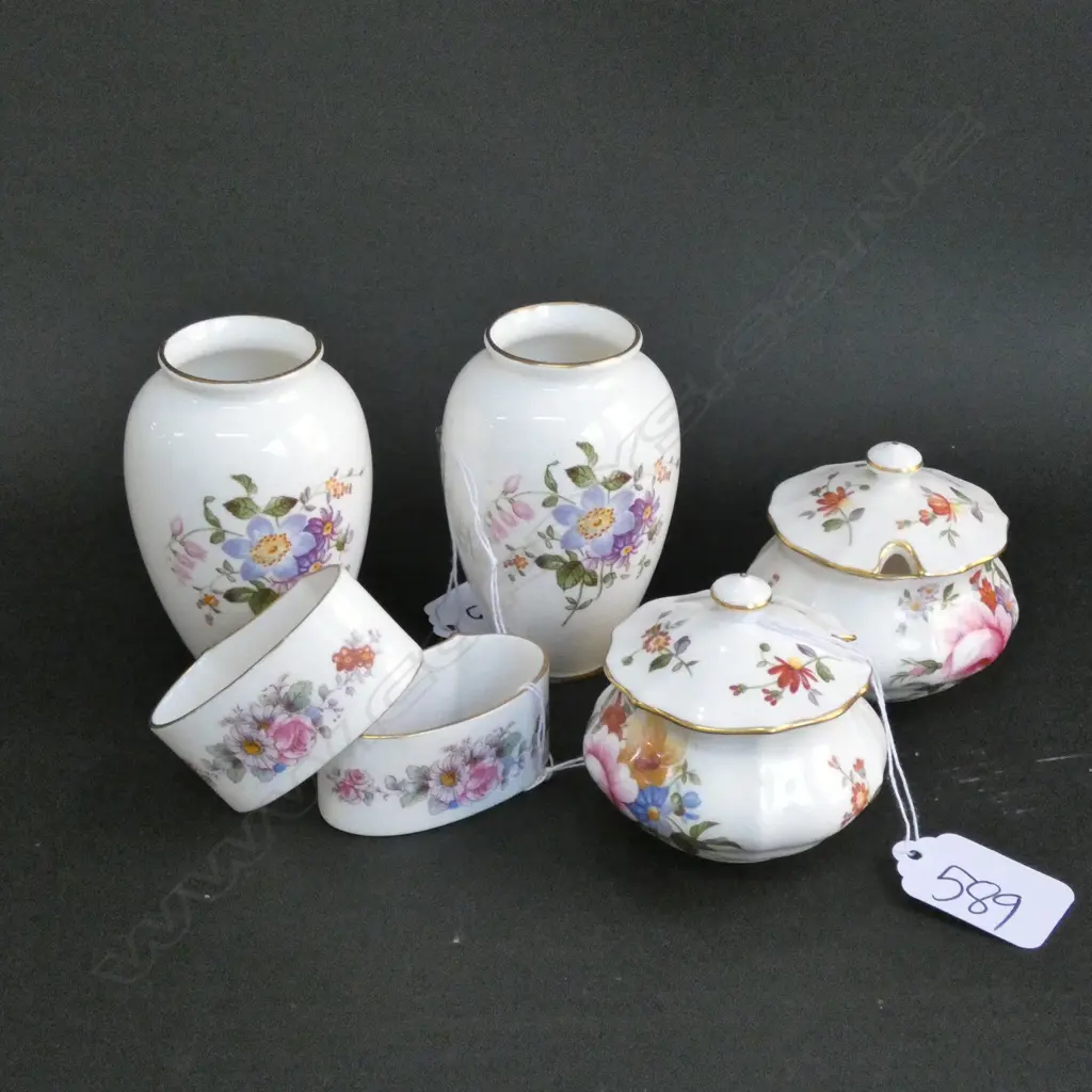 6 PCES ROYAL CROWN DERBY 'DERBY POSIES'; PR VASES, SALTS, NAPKIN RINGS Image 1++