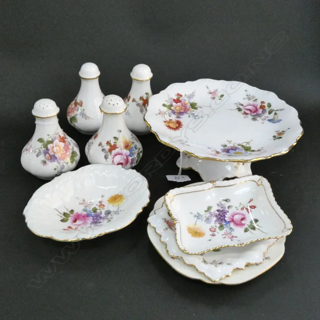 9 PCES ROYAL CROWN DERBY 'DERBY POSIES'; 4 CONDIMENTS, 4 PIN DISHES, COMPORT Image 1++