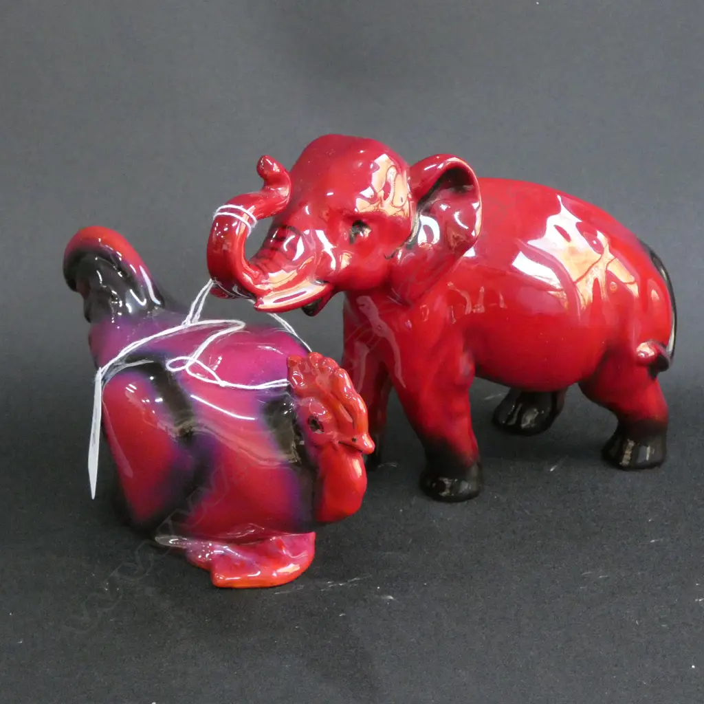 2 R/DOULTON FLAMBE ANIMALS; ROOSTER & NOKE ELEPHANT L. 160MM Image 1++