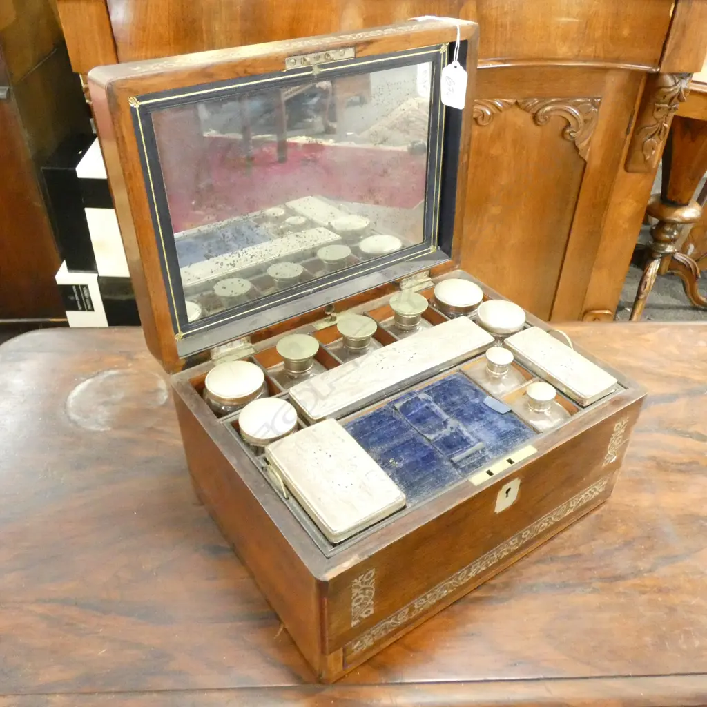19thC ROSEWOOD DRESSING CASE WITH BOTTLES & JARS, ETC Image 1++