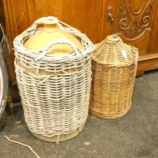 2 LARGE CROCKS WITH WICKER SURROUNDS, H.530mm