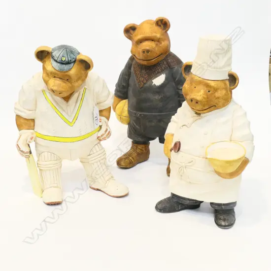 THREE BRYAN JONES CERAMIC BEARS; CHEF, CRICKETER, ALL BLACK (REPAIRS TO LEGS), H. 290MM