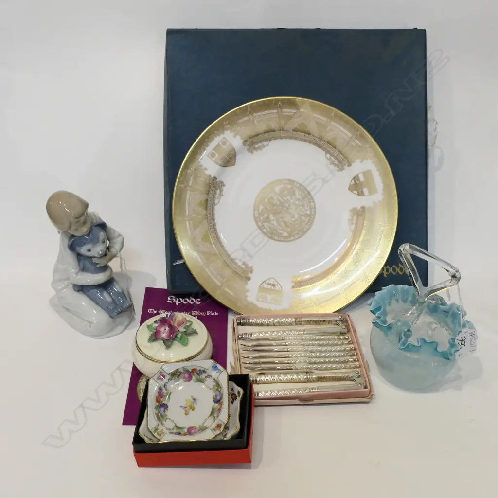 CASED SPODE PLATE, NAO FIGURE, NUT PICKS, 3 PCES CHINA, GLASS BOWL Image 1++
