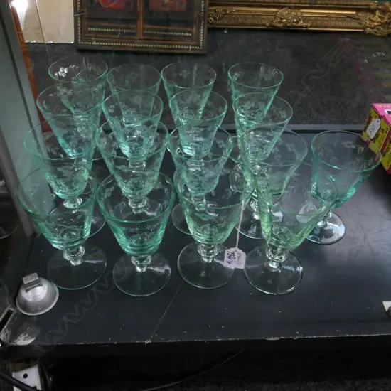 17 GREEN GLASS ETCHED GLASSES MINOR CHIPS TO SOME