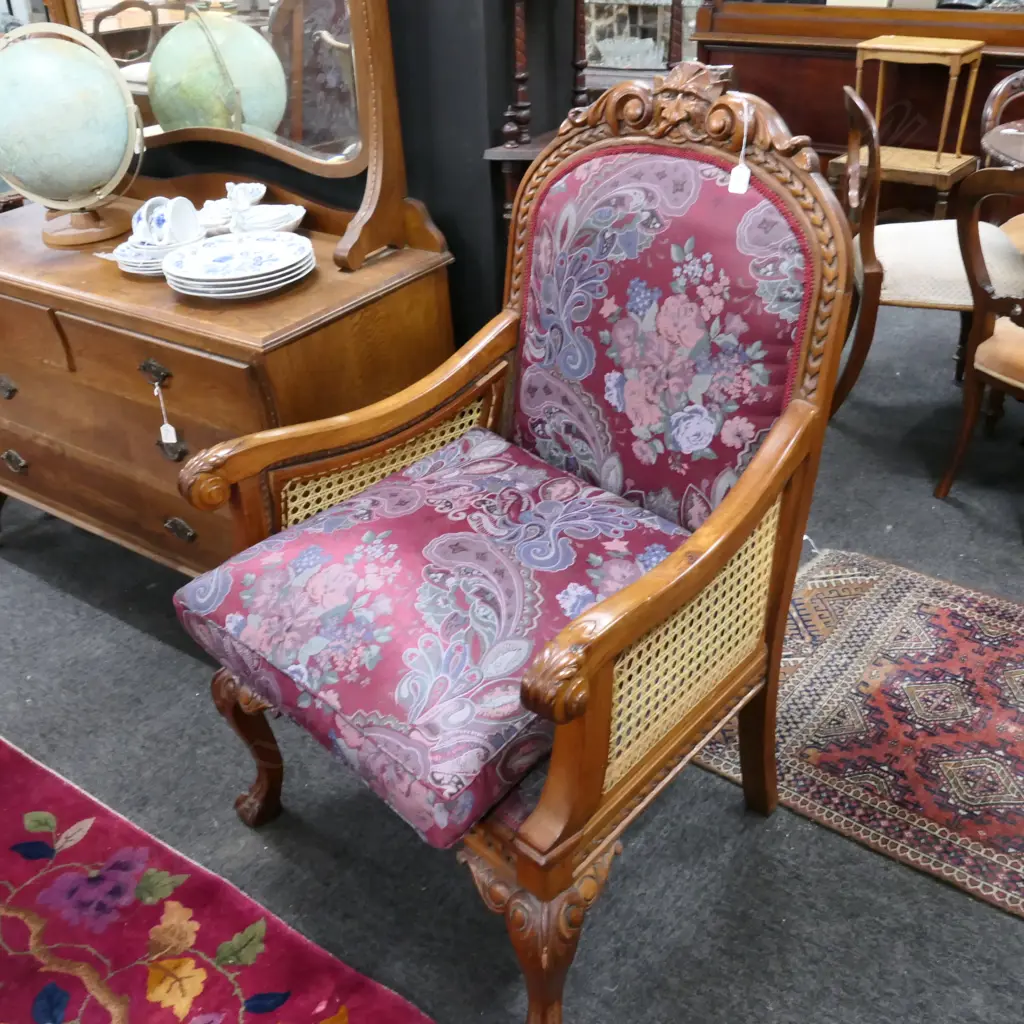 VINTAGE CARVED FRAME ARM CHAIR CANED ARMS... Image 1++