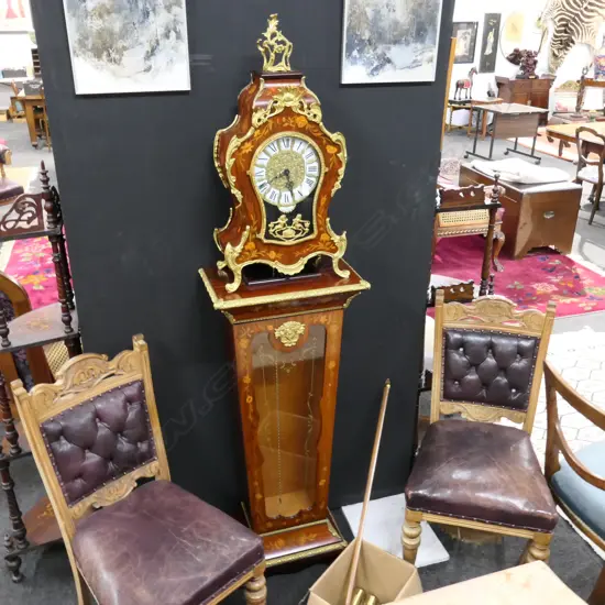 IMPRESSIVE ITALIAN INLAID ORMOLU CLOCK ON STAND