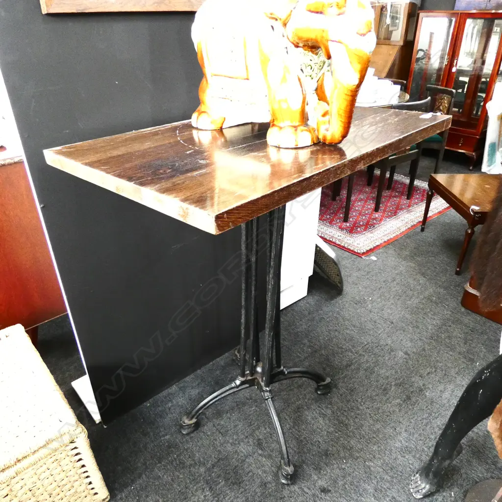 HARDWOOD TOPPED BAR LEANER TABLE CAST IRON BASE. HEAVY Image 1++