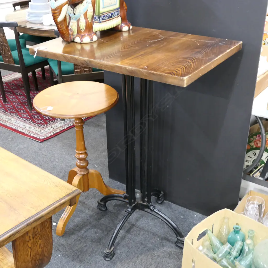 HARDWOOD TOPPED BAR LEANER TABLE CAST IRON BASE. HEAVY Image 1++